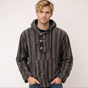SHOP Therapy Mens Striped Wooden toggles Hoodie, Shirt L Grunge Goth Streetwear